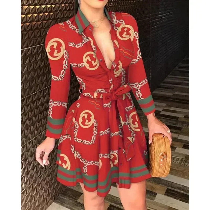 Hot Selling Women's S-2XL Size Fall Lapel Button Long Sleeve Casual Dress Fashion Printed with Belt Elegant Women's Dresses