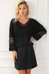 Black Hollowed Lace Splicing V Neck Loose Sweater