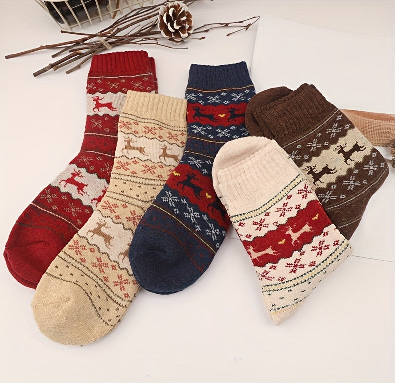 5 Pairs Elk Print Thickened Socks, Comfy & Warm Christmas Mid Tube Socks, Women's Stockings & Hosiery