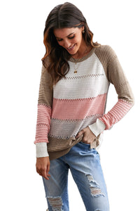 Wine Accent Knitted Color Block Long Sleeve Crew Neck Sweater