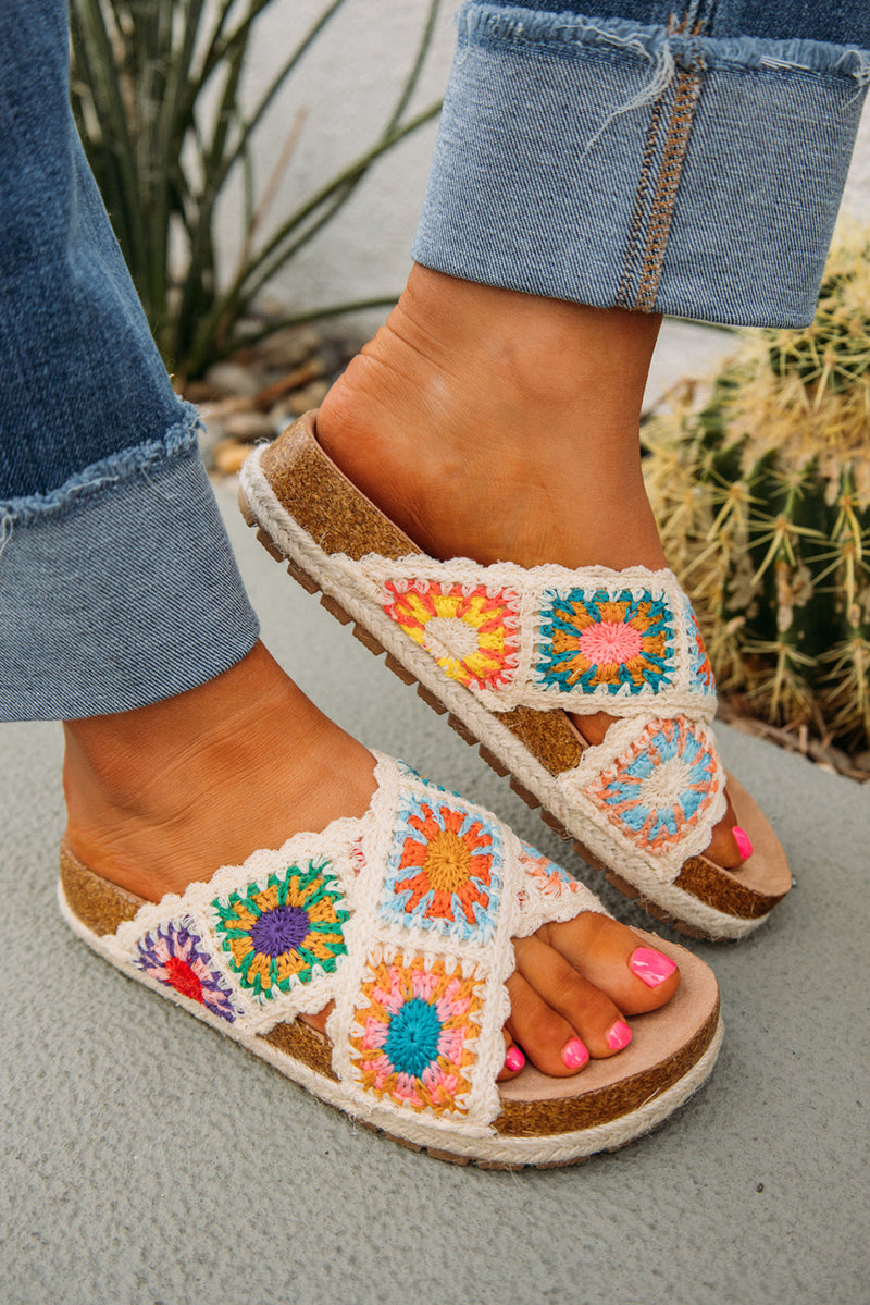 Beige Crochet Criss Cross Platform Slippers