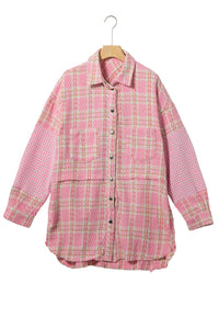 Pink Plus Size Tweed Plaid Houndstooth Print Jacket