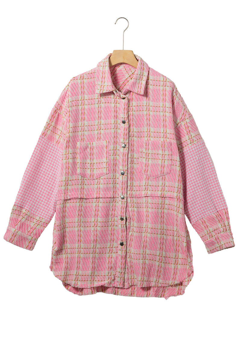 Pink Plus Size Tweed Plaid Houndstooth Print Jacket