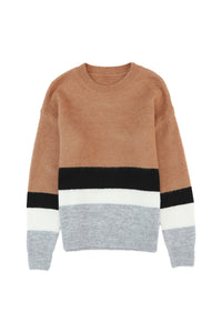 Brown Color Block Striped Ribbed Knit Sweater