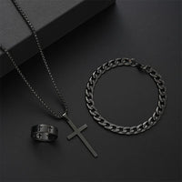 3pcs Set Men's Stainless Steel Metal Cross Pendant Chain Necklace Bracelet Ring Jewelry Set Male Hip Hop Daily Wear Accessories