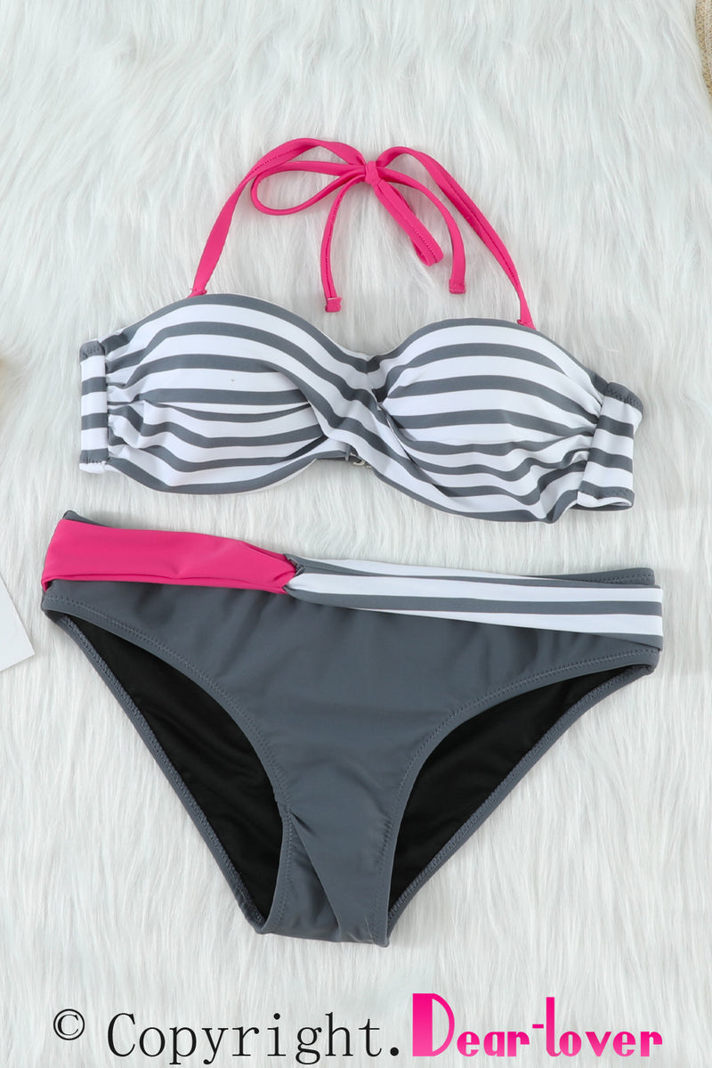 Blue Halter Bandeau Striped Bikini