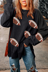 Black Rugby Print Side Split Loose Fit Sweatshirt