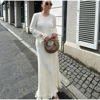 Women Elegant Ruffle Hem Knit White Long Dress O-neck Flare Long Sleeve Backless Bandage Dresses 2024 New Evening Party Robes