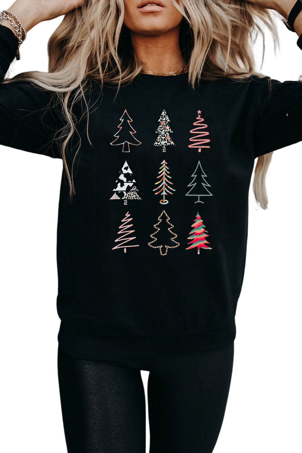 Black Christmas Tree Graphic Print Crew Neck Sweatshirt