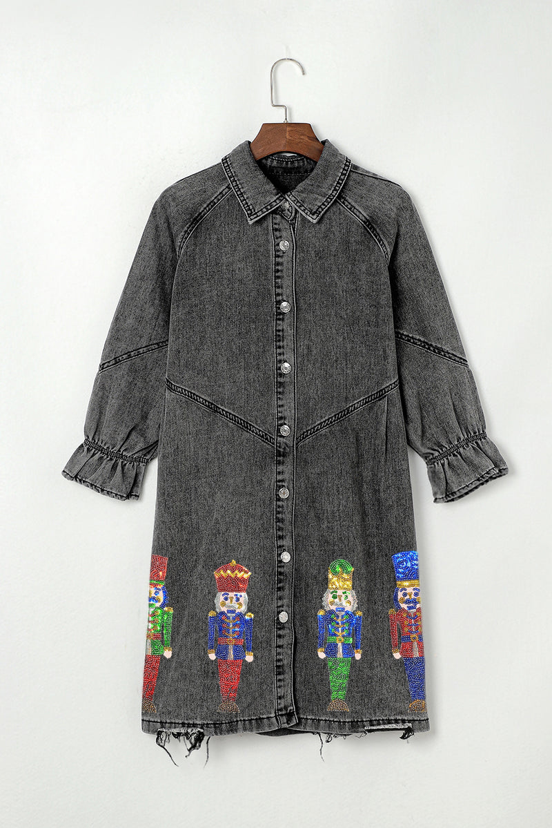 Gray Sequin Nutcracker Graphic Long Sleeve Shirt Denim Dress