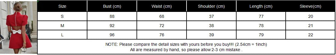 Women Red Bow Mini Dress Short Sleeve Fashion Pad Shoulder Dresses  Backless Hollow Out Ladies Summer Chic A-line Party Vestidos