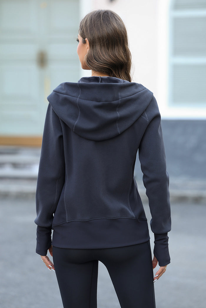 Carbon Grey Thumbhole Sleeve Zip Up Sports Hooded Jacket