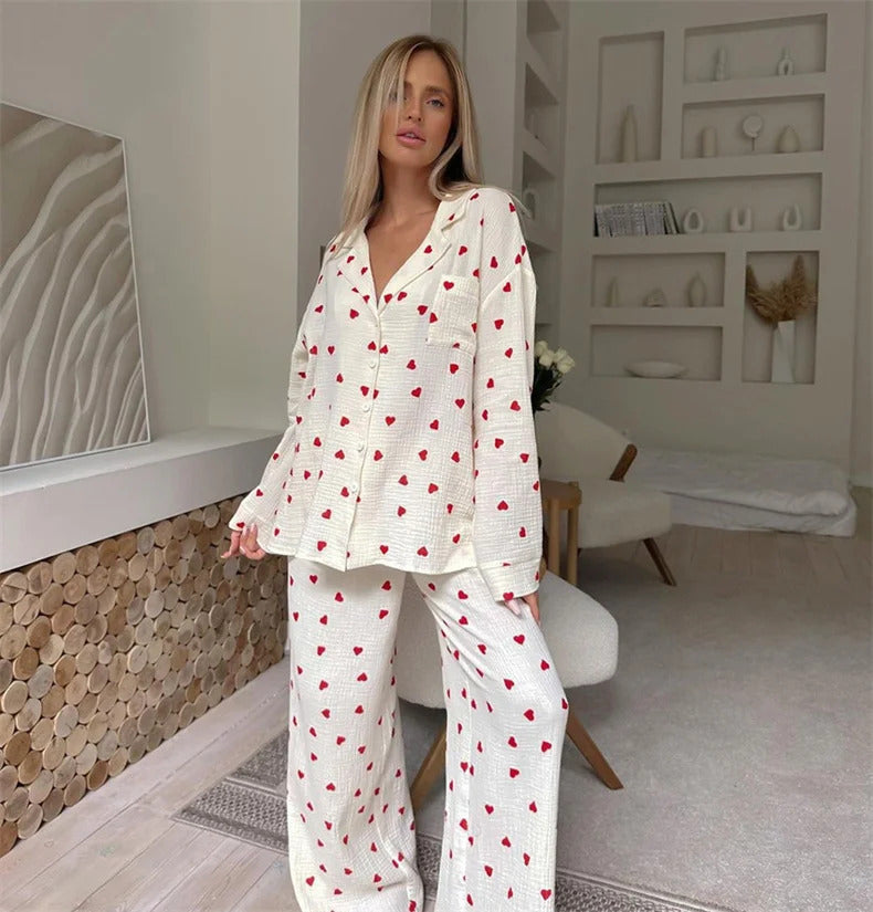 Summer New Love Heart Print Pyjama 100% Cotton Long Sleeve Set 2Pcs Outfit Lapel Sleepwear Button Down Women's Pajamas Nightwear