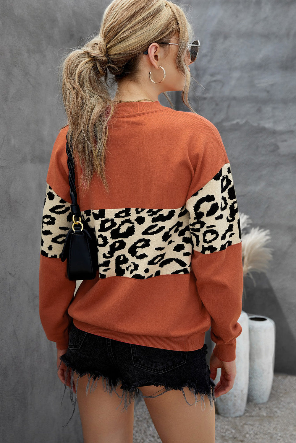 Black Leopard Colorblock V Neck Knit Sweater