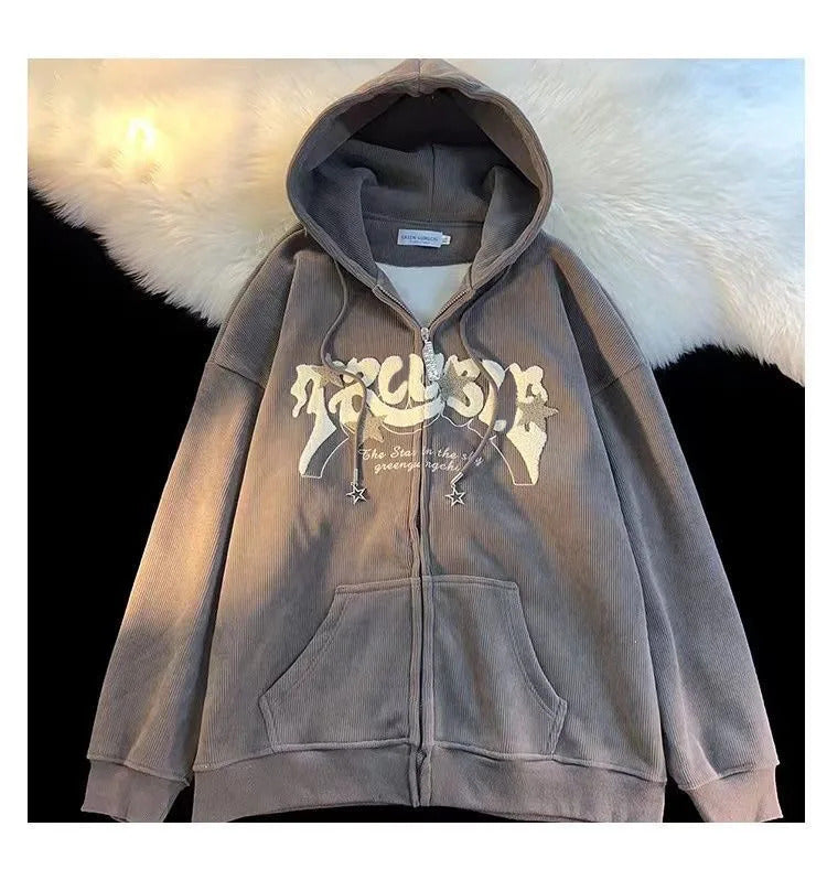 Fashion Embroidery Zip Up Hoodies Women Autumn Long Sleeve Tops Loose Hood Shirt Harajuku Y2K Clothes Female Sweatshirt Jacket