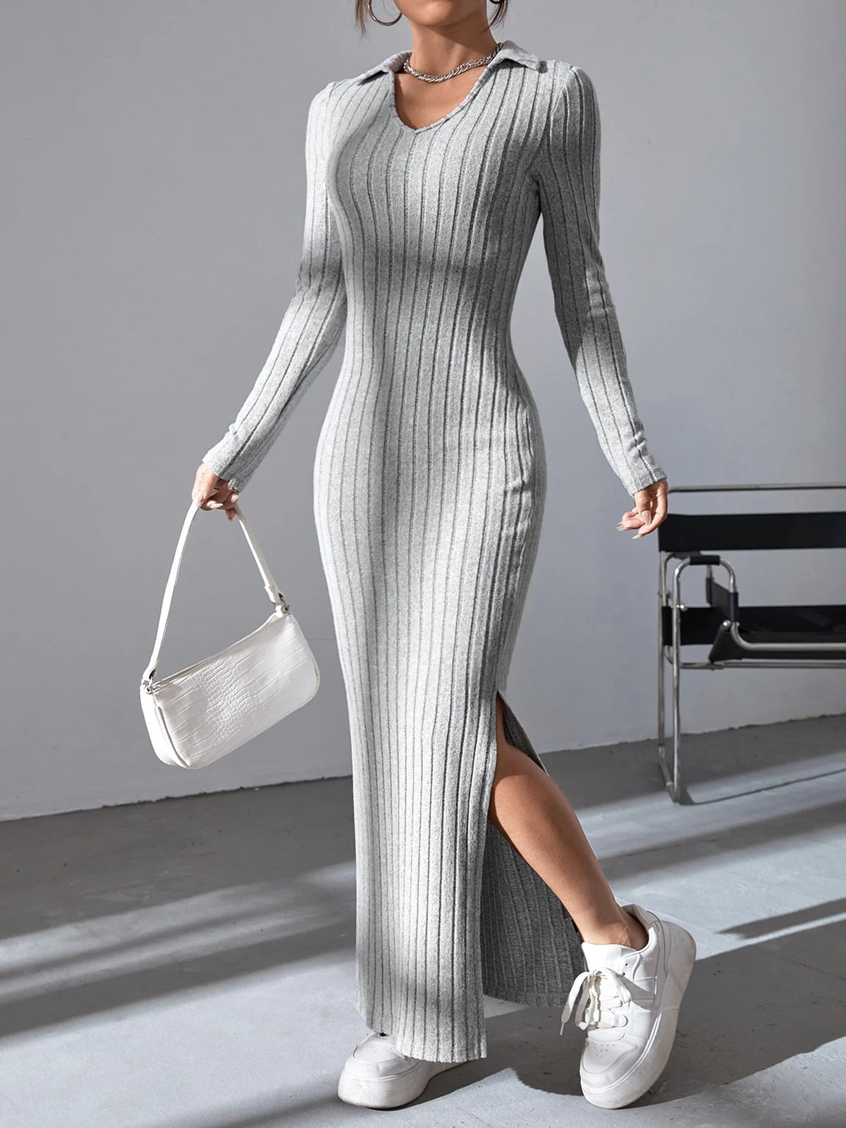 Women sexy knit V-neck reverse neck split dress autumn winter full sleeve elastic basic body sweater