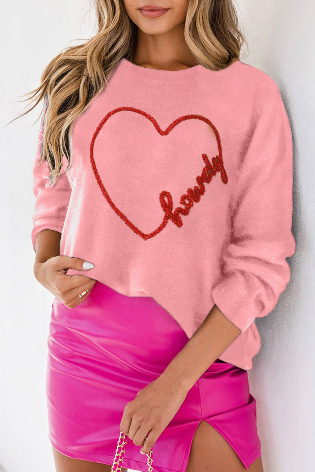 Pink Howdy Heart Graphic Round Neck Casual Sweater