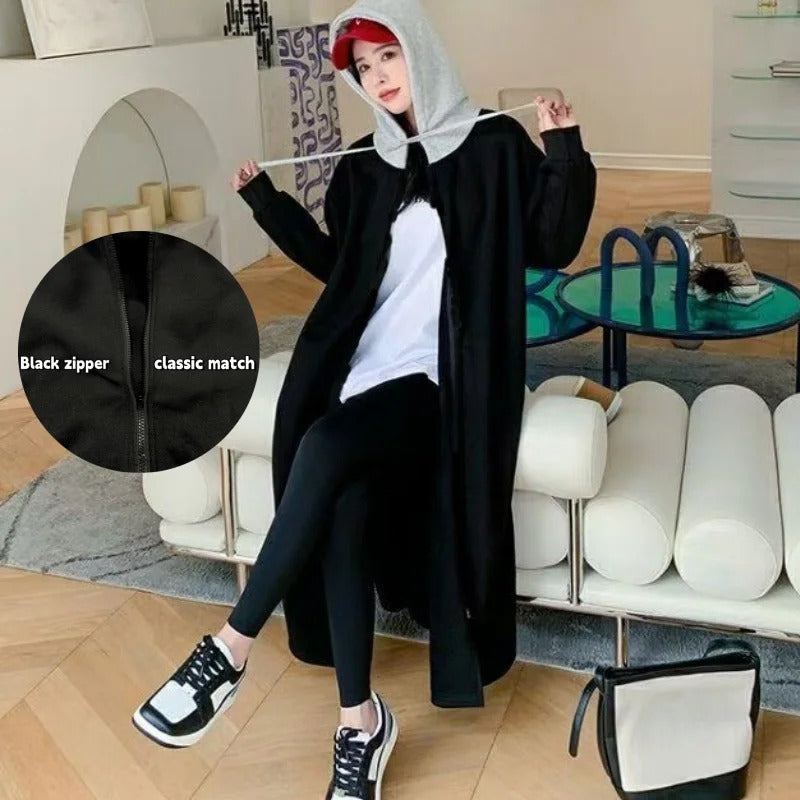 Plus Size Women's Hooded Zip-Up Winter Thick Casual Oversize Coat Black Patchwork Fake 2 Piece Hoodie Korean Matching Outerwear