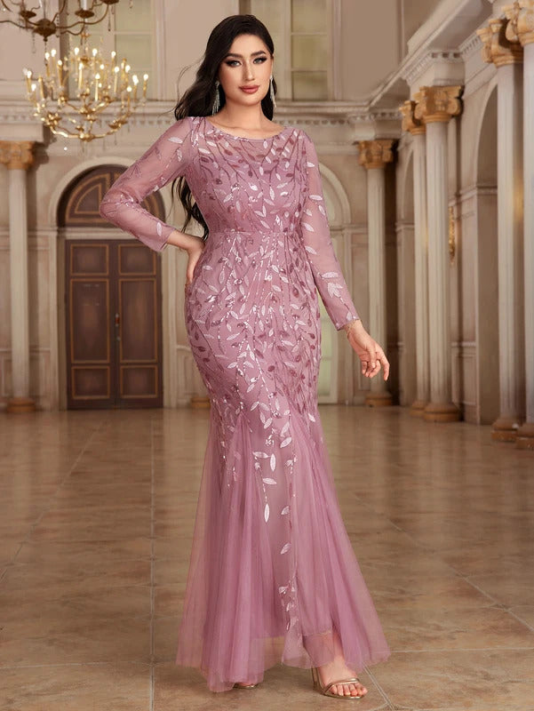 2024 Hot Sale Mermaid Evening Dresses O-Neck Full Sleeve Tulle Embroidery Long Party Gown Elegant Formal Dress