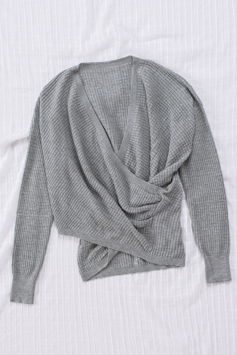 Gray Black/Pink/Gray/Khaki/Apricot  Wrap V Neck Waffle Sweater