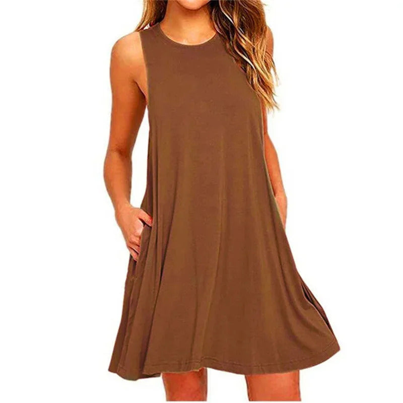 Women's Dress Summer Casual T Shirt Dresses Beach Cover up Plain Pleated Tank Pockets Dress