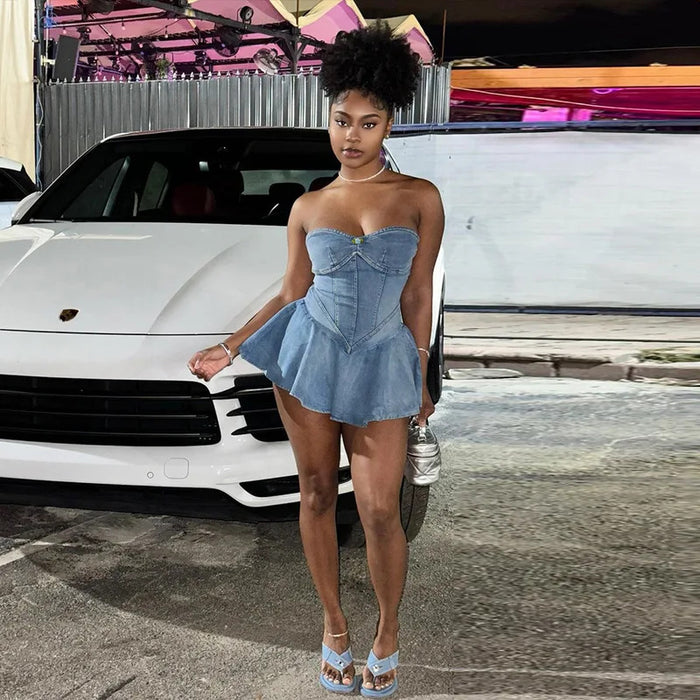 Women Stretch Denim Washed Wrap Backless Ruffle Dress Sexy Zipper Dress Elegant Blue Jeans Skater Party Dress for Female 2024