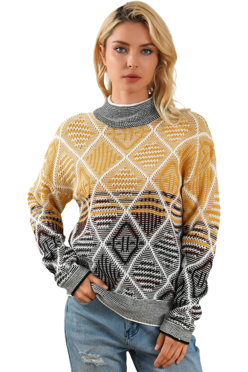 High Neck Geometric Colorblock Sweater