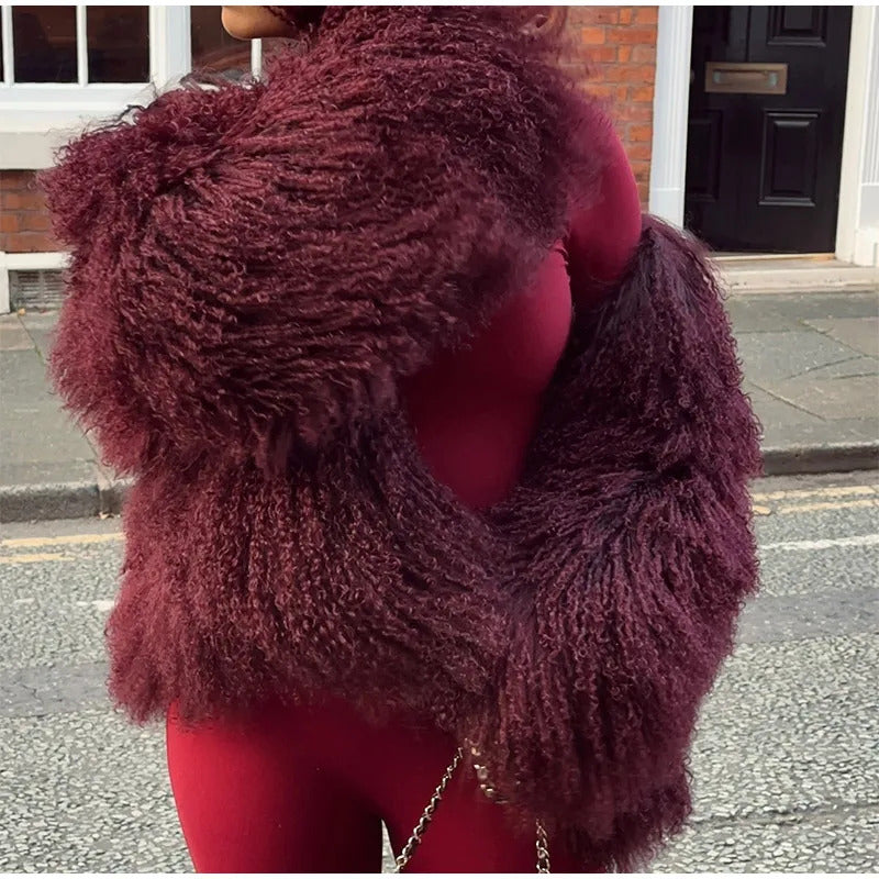 Retro Burgundy Tassels  Faux Fur Long Sleeves Short Coat Elegant Loose Turn-down Collar Jacket 2024 New Woman High Street Coats