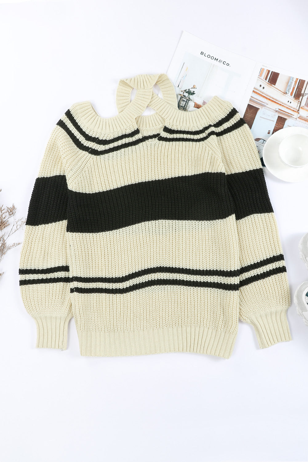 Black Striped Cold Shoulder Knit Sweater