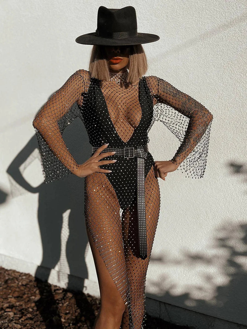 Shiny Rhinestones Grid Fishnet Dress Long Sleeve O-Neck Hollw Out Side Slit Dress Sexy Beach Cover Up Breathable Women Vestidos