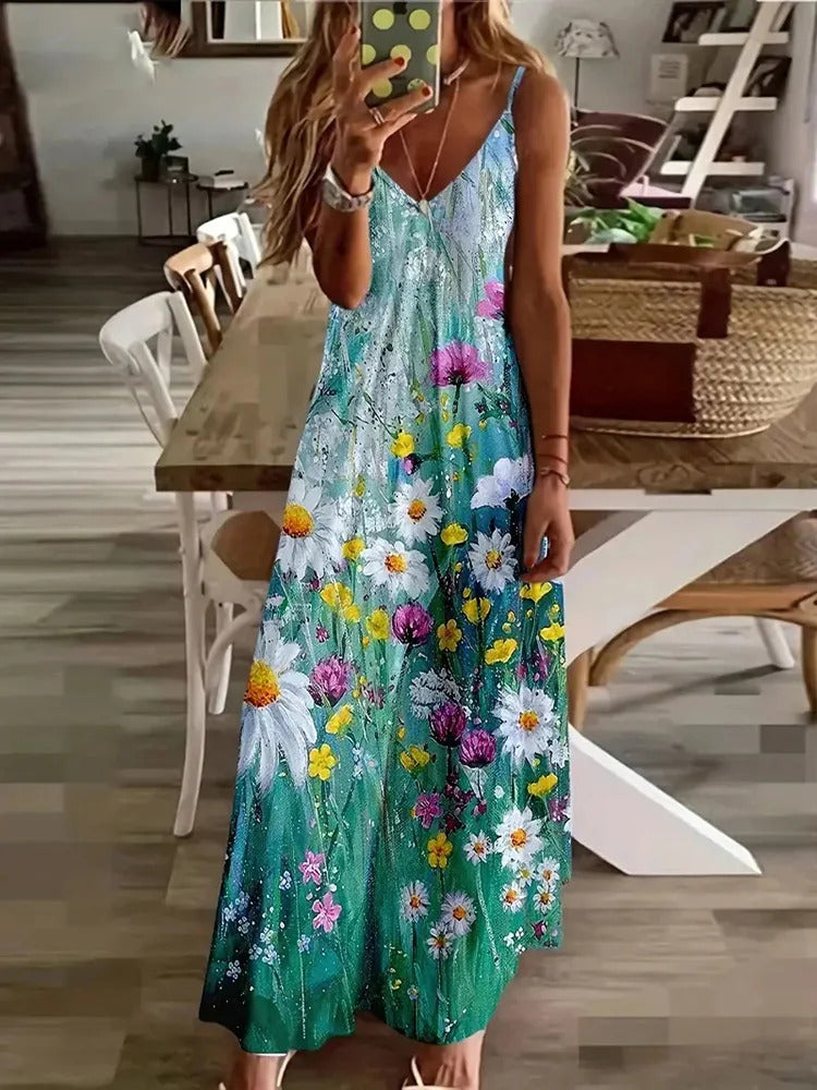 Hawaiian Vacation Travel Sexy V-neck Suspender Flower Dress Fresh Small Floral Street Fashion Sexy Party Dinner Evening Dress