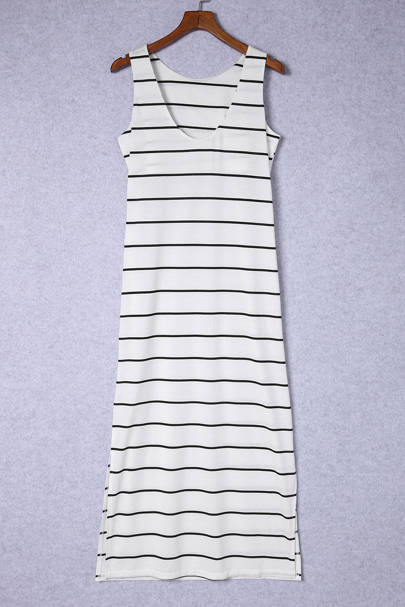 Women's Stripe Print Open Back Sleeveless Tank Maxi Dress with Slits