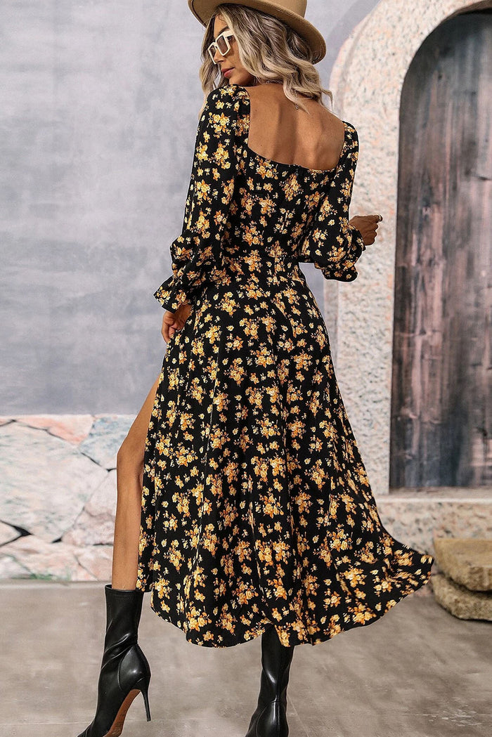 Black Floral Tie Square Neck Puff Sleeve Slit Dress