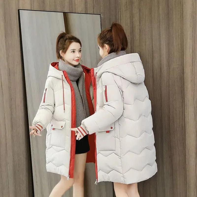 2024 Winter Women's Down Cotton Hooded Coat Jacket Long Coat Thick Warm Jacket Windproof Casual Student Coat