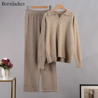 Bornladies Winter Thick Women Knitted Suits Soft 2 Pieces Sets Female Polo Neck Sweater & Wide Leg Pants Knitted Outfit