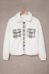 Beige Plaid Patchwork Buttoned Fleece Turn Down Collar Jacket