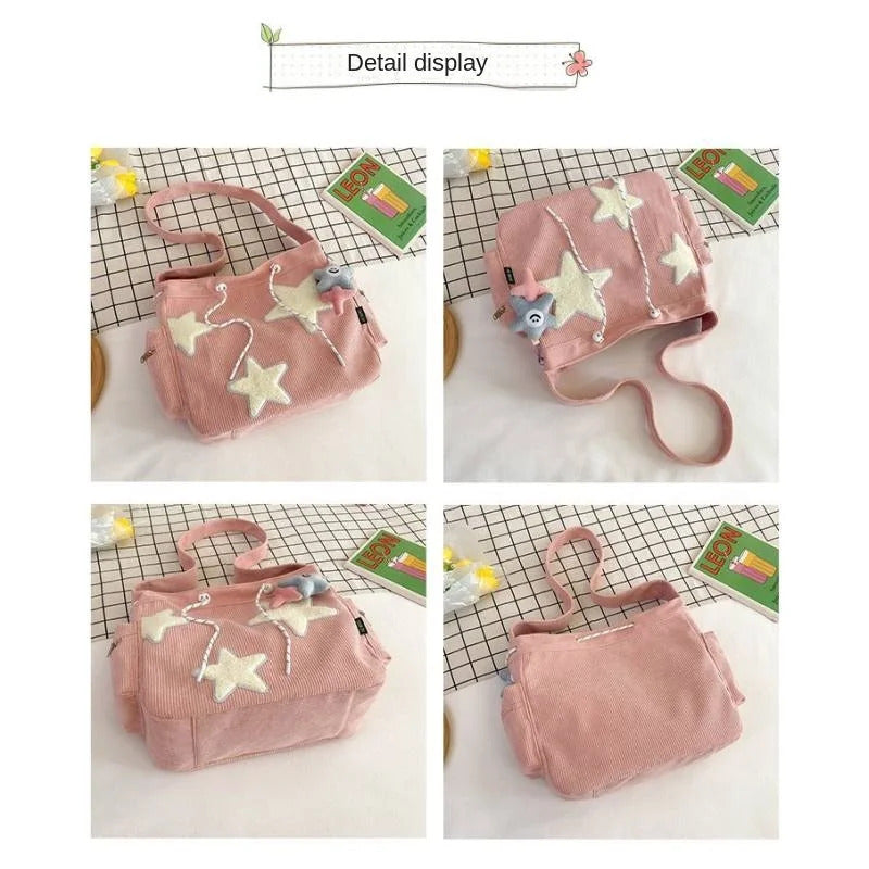 Niche Design Handbag Star Female Student Large Capacity Commuting Tote Corduroy Shoulder Crossbody Bag 2023 New