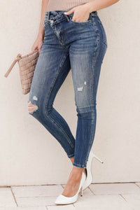 Sky Blue Asymmetric Button Zip Fly Distressed Skinny Jeans