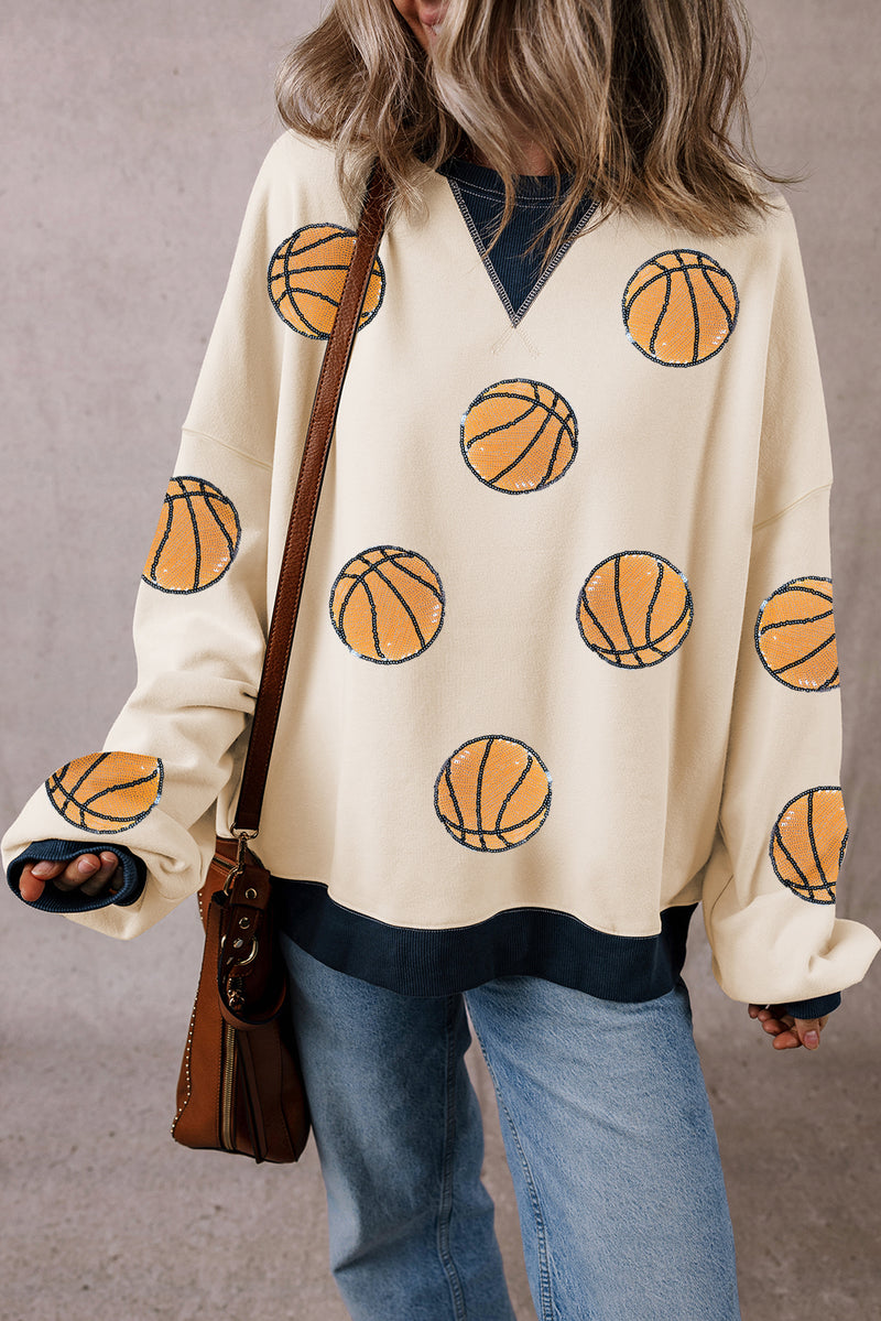 White Sequin Basketball Graphic Colorblock Edge Sweatshirt