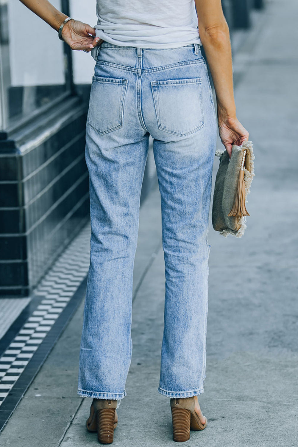 Sky Blue Side Splits Ripped Straight Leg High Waist Jeans