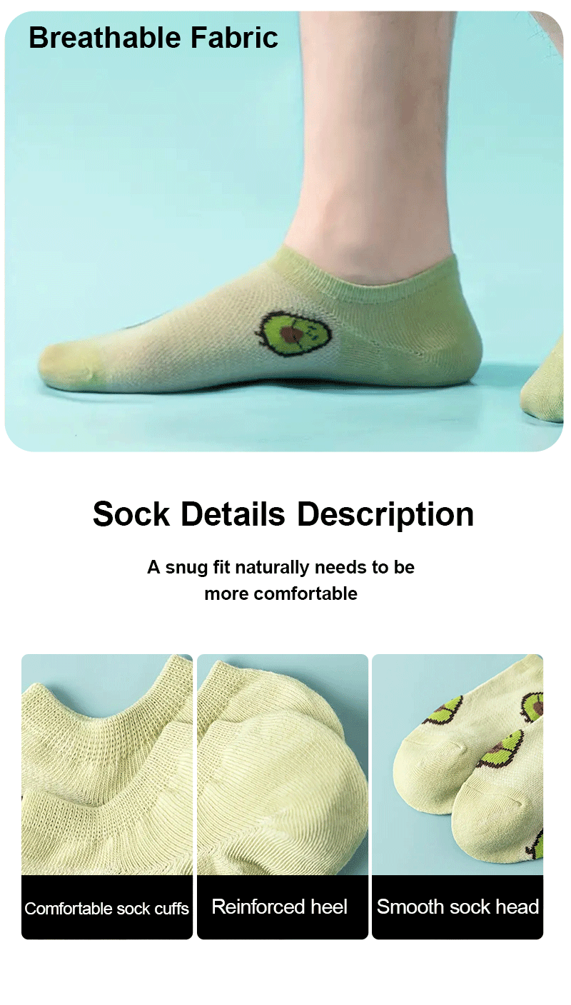 5 Pairs Avocado Crew Ankle Socks Cartoon Fresh Fashion Breathable Summer And Autumn Kawaii Comforts Women's Low Cut Boat Socks