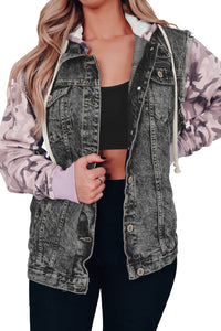 Black Camo Sleeve Hooded Buttoned Denim Jacket