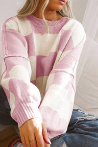 Pink Checkered Bishop Sleeve Sweater