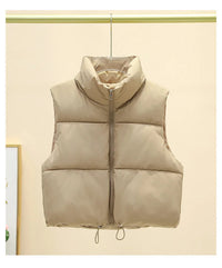 Women Autumn Winter Short Down Vest Stand Collar Warm Casual Elegant Sleeveless Coats Outdoor Quilted Travel Jackets Clothes