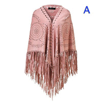 Women's Loose Suede Fringe Open Poncho Cloak Shawl Wrap with Punch Hole Patterns and Graceful Fringes Dropshipping