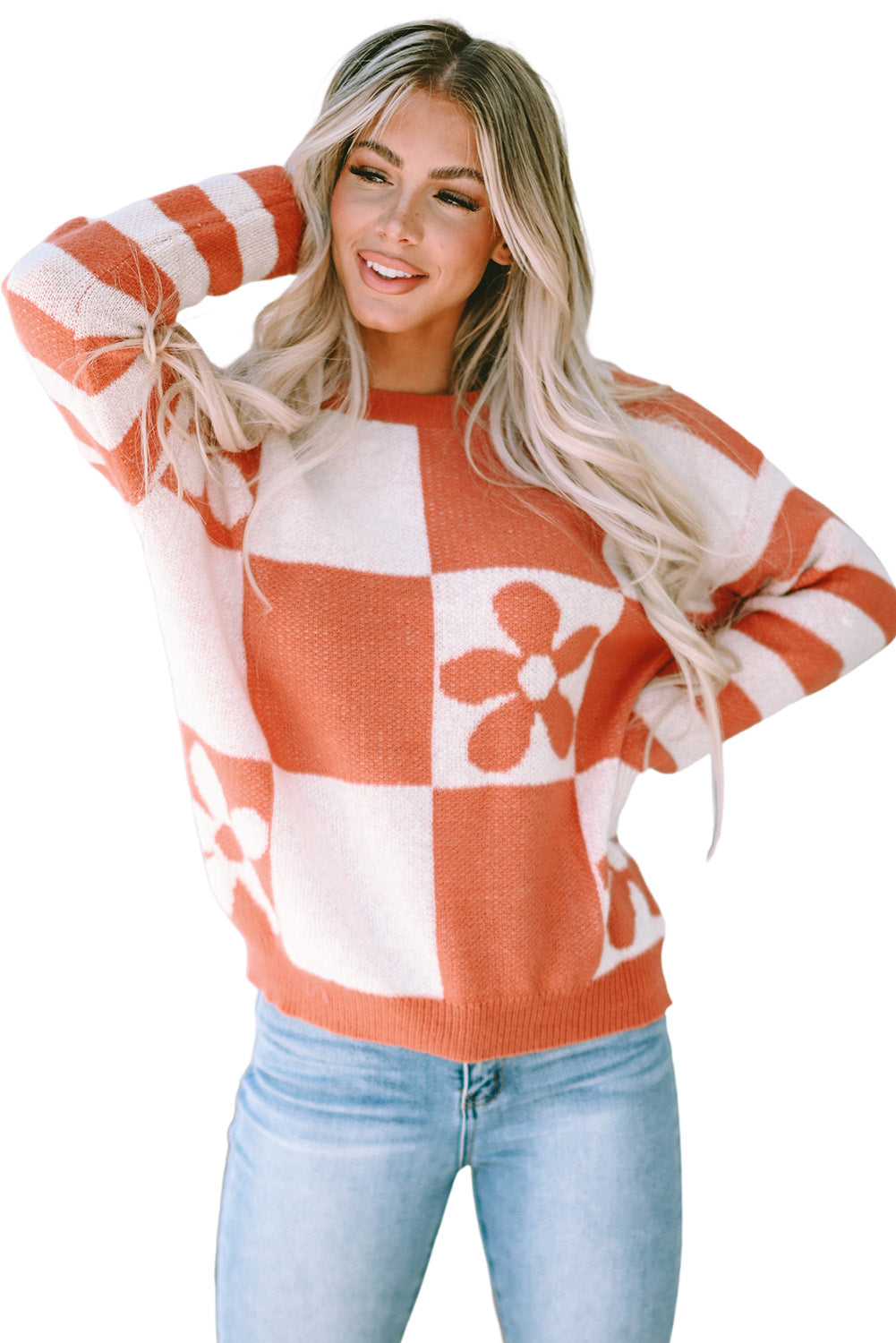 Orchid Petal Checkered Floral Print Striped Sleeve Sweater