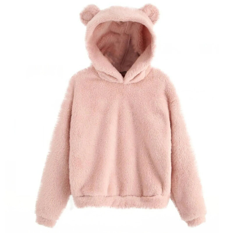 Women's Pullover Long Sleeve Fleece Sweatshirt Warm Bear Shape Fuzzy Hoodie Sweater Pullover