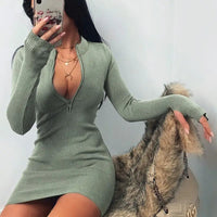 Women Half Zip Up Bodycon Party Dress Spring Autumn Long Sleeve Slim Rib Knitted Mini Dresses MYJ-myj16888