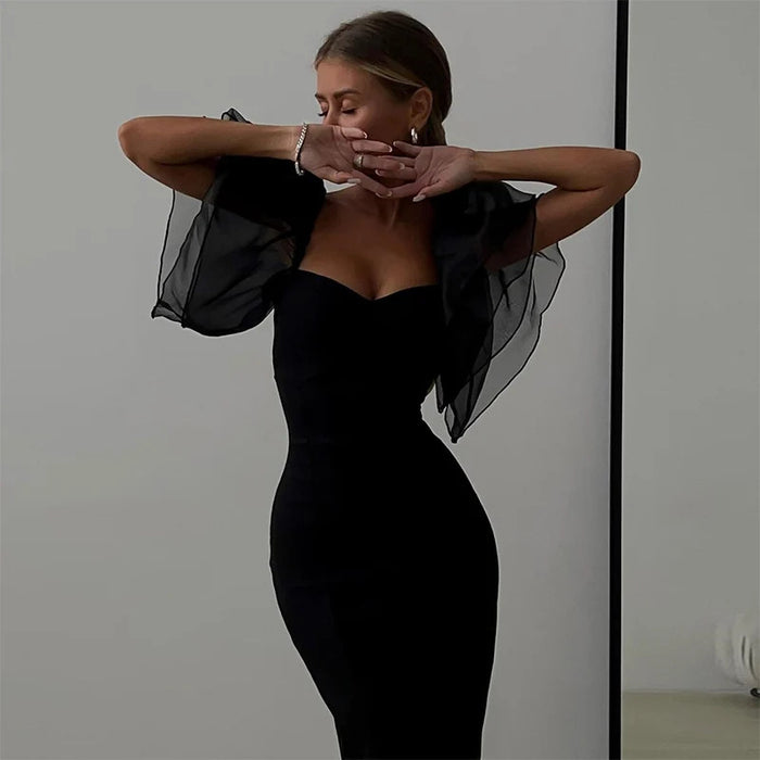 Mesh Butterfly Sleeve Sheath Bodycon Dress Women Square Neck Midi Robe Femme Solid Black Vestidos Mujer Sexy Lady Party Dresses