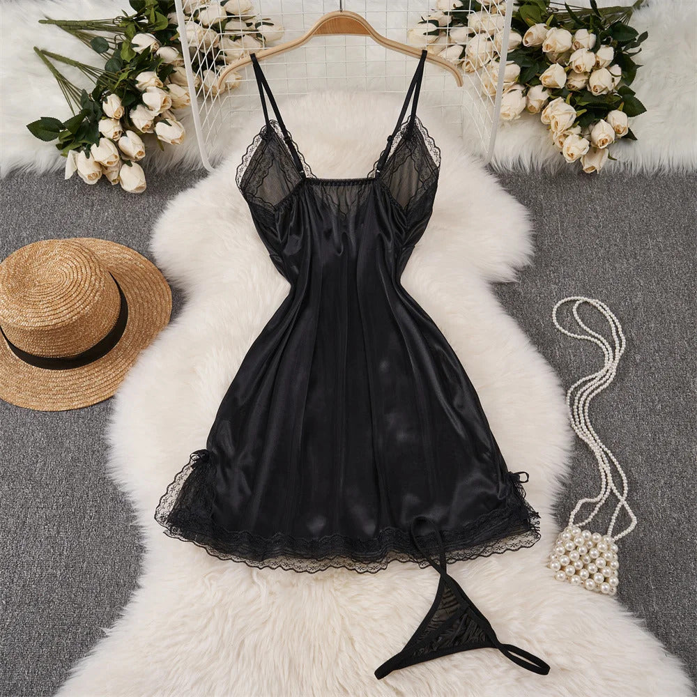 Deep V-neck Slim Fit High Waist Strap Dress Lace Patchwork Satin Sleepwear Sexy Elegant Retro Sleepdress Sleepwear Women Pajama